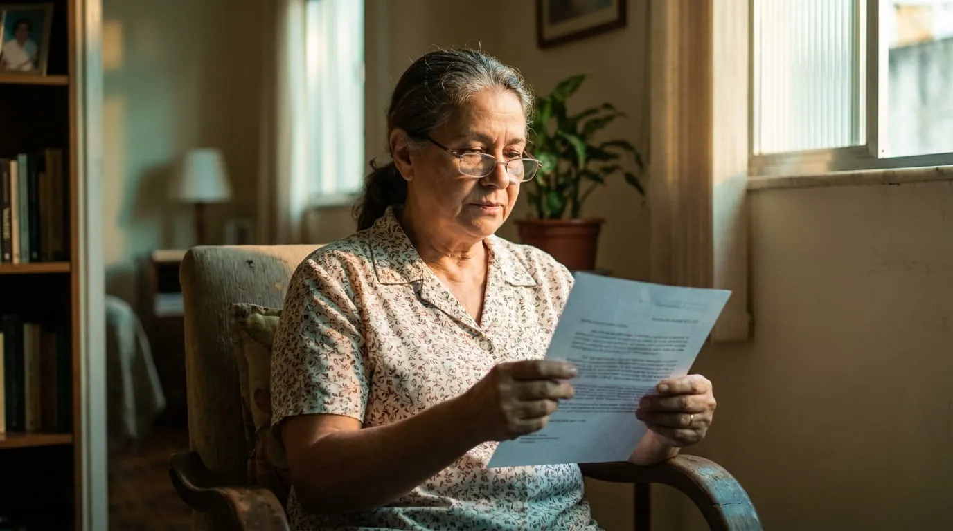 Mulher de óculos sentada na poltrona da sala, lendo com atenção a carta de resposta do INSS.