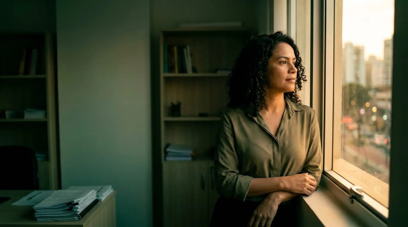 Mulher em pé junto à janela de um escritório no fim da tarde, com expressão pensativa.