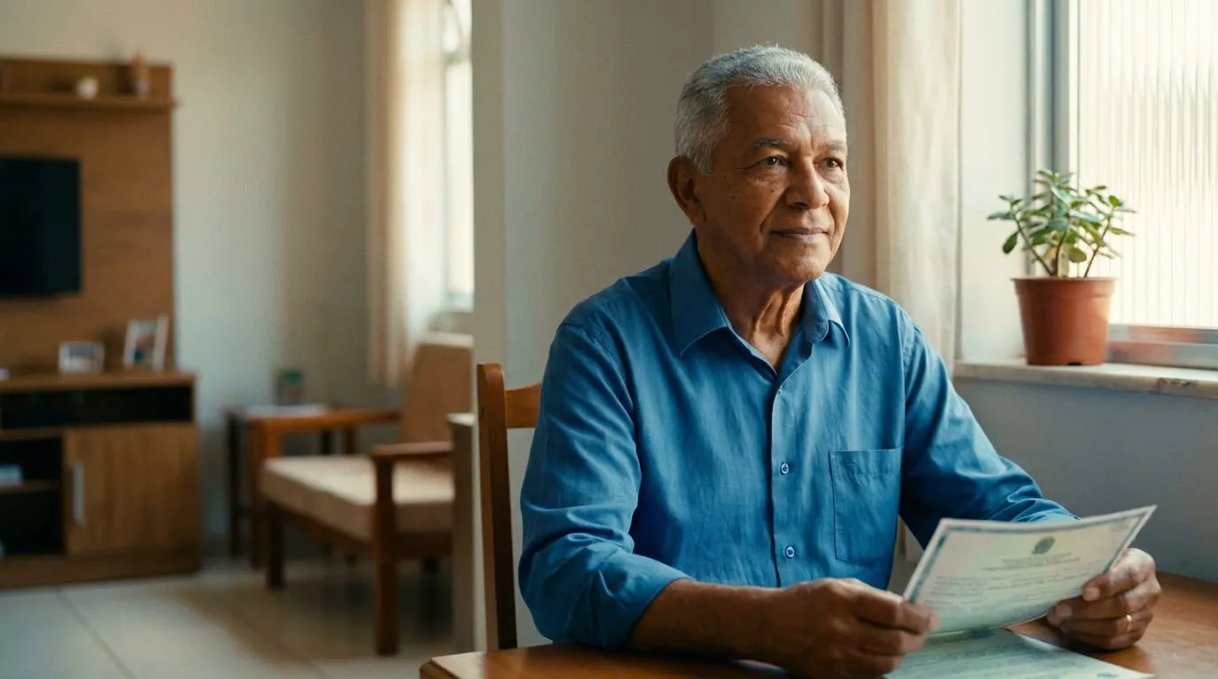 Senhor idoso sentado à mesa, sereno, segurando um documento em casa.