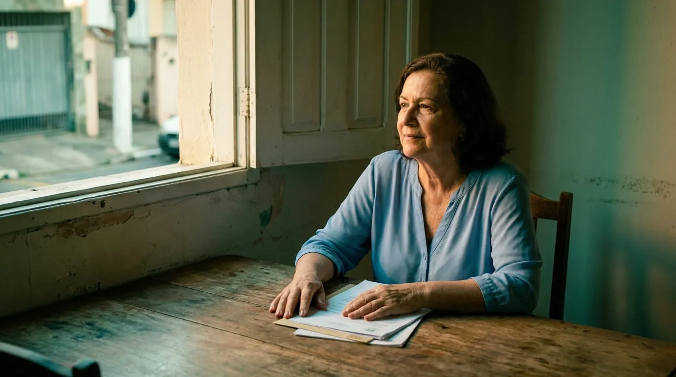 Senhora sentada à mesa junto à janela de casa, com os documentos do pedido sobre a mesa.