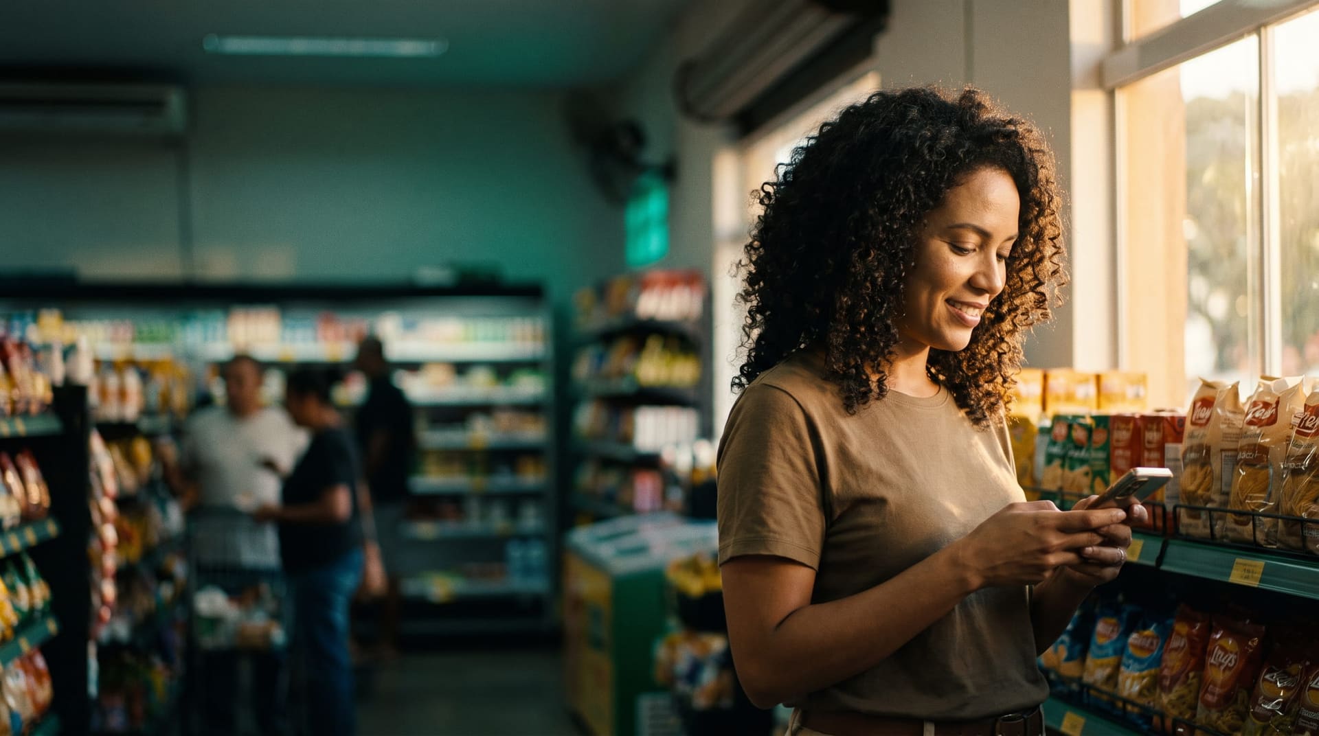 Mulher consultando o celular no corredor de um mercado, sob luz natural.