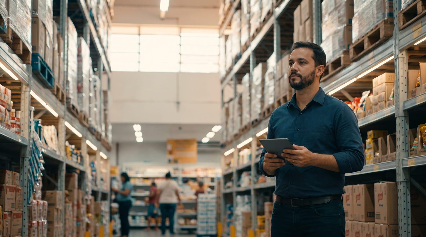 Gerente de supermercado atacadista conferindo o estoque em um tablet, no corredor da loja.
